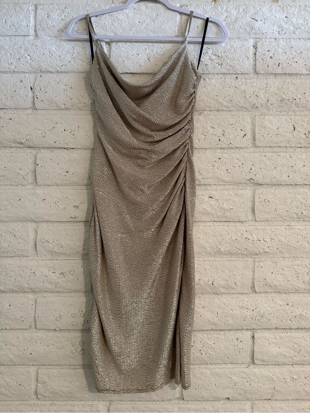Laundry By Shelli Segal Metallic Champagne Draped Midi Dress